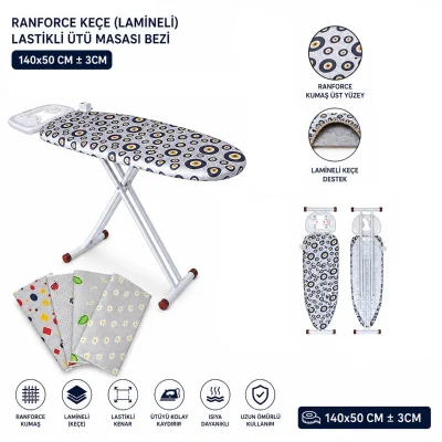 BUĞZ Ranforce Keçe Ütü Masası Bezi - Lastikli - Lamineli - 140x50 cm