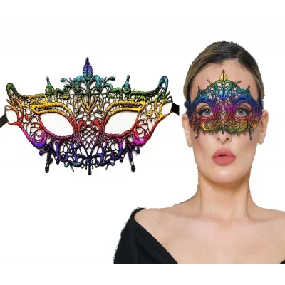  Rengarenk Dantel Kesim Dantel İşlemeli Balo Parti Maskesi Gökkuşağı