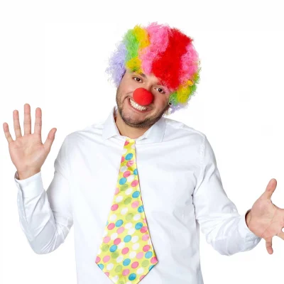 BUĞZ Rengarenk Kıvırcık Afro Bonus Peruk Ve Kırmızı Burun Seti