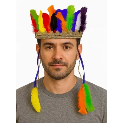 BUĞZ Rengarenk Tüylerle İşlenmiş Lastikli Kızılderili Başlığı