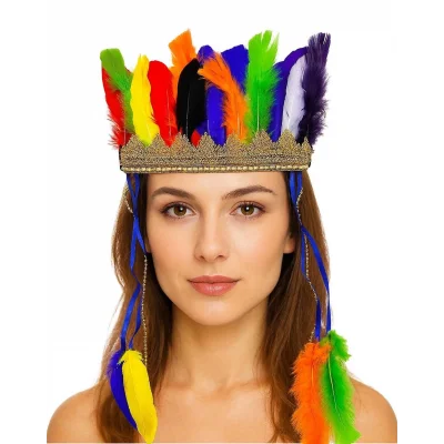 BUĞZ Rengarenk Tüylerle İşlenmiş Lastikli Kızılderili Başlığı - Lisinya