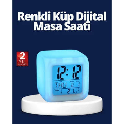 BUĞZ Renk Değiştiren LED Alarmlı Dijital Küp Masa Saati