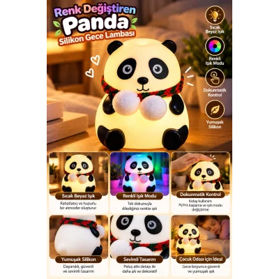 BUĞZ Renkli Işık Modlu Silikon Panda Gece Lambası Dokunmatik Kontrollü Sevimli Dekoratif - BUĞZ