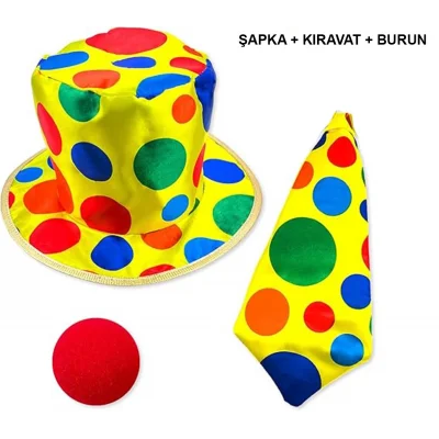 Renkli Palyaço Kostüm Seti – 3 Parça Aksesuar (Şapka, Kravat, Burun)