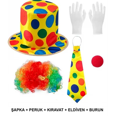  Renkli Palyaço Kostüm Seti – 5 Parça Aksesuar (Şapka, Peruk, Kravat, Eldiven, Burun)