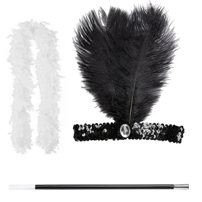 BUĞZ Retro Charliston Beyaz Otrişli Aksesuar Seti – 2039ler 9039lar Gatsby Kostüm Seti - BUĞZ