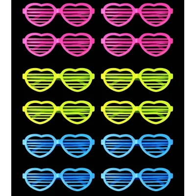 BUĞZ Retro Neon Fosforlu Kalp Panjur Gözlük 12 Adet – 80’ler 90’lar Parti Stili