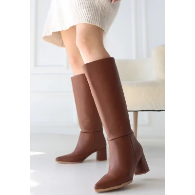 BUĞZ Roksa Taba Cilt Topuklu Çizme - Lisinya