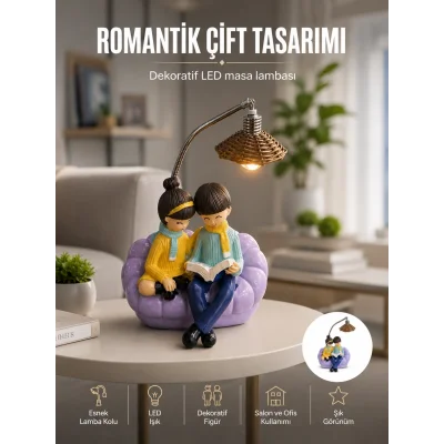 BUĞZ Romantik Çift Figürlü Okuyan Çift Masa Lambası Dekoratif LED Aydınlatma