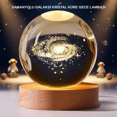 BUĞZ Samanyolu Desenli Kristal Küre Ahşap Standlı Gün Işığı LED Masa Lambası