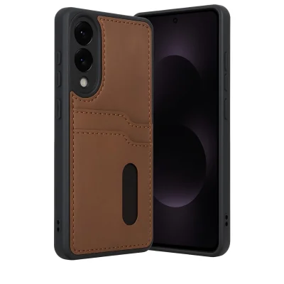 BUĞZ Samsung Galaxy S25 Edge Sara Kartvizitli Deri Kılıf - Taba