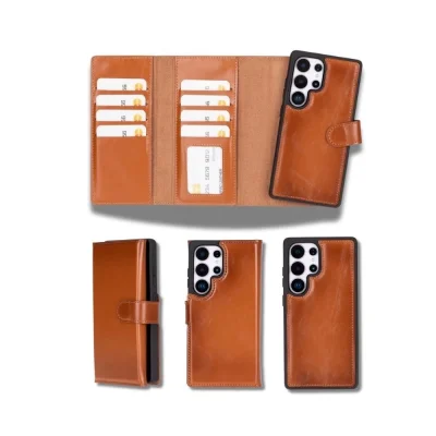  Samsung Galaxy S25 Ultra uyumlu, Hakiki Deri, El Yapımı, Cüzdanlı Kılıf, Gölgeli Taba