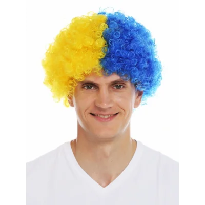 BUĞZ Sarı Lacivert Kıvırcık Afro Bonus Taraftar Peruğu