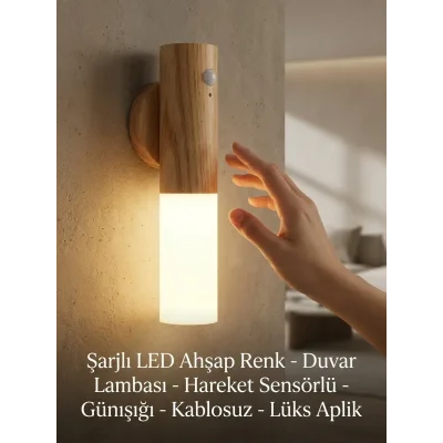 BUĞZ Şarjlı Ahşap Görünümlü LED Duvar Lambası Kablosuz Hareket Sensörlü Günışığı Aplik