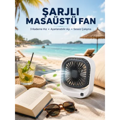 BUĞZ Şarjlı Masaüstü Fan 3 Kademeli Hız Ayarlı Güçlü Hava Akışı