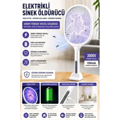 BUĞZ Şarjlı Sinek Öldürücü Sivrisinek Raketi Elektrikli Karasinek Haşere Kovucu Mor Işıklı Sineklik Aleti