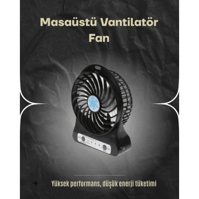  Şarjlı USB Fan – Masaüstü Mini Vantilatör, Taşınabilir, Işıklı, 3 Kademeli, Sessiz