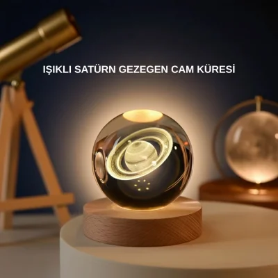 BUĞZ Satürn Gezegenli Kristal Küre LED Lamba USB’li Ahşap Standlı