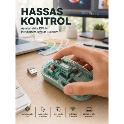BUĞZ Şeffaf Tasarımlı Bluetooth Kablosuz Mouse Pilli Kullanım Yeni Nesil