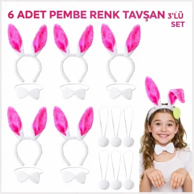 BUĞZ Şeker Pembesi Tavşan Sahne Seti 6'lı Set Taç Papyon Kuyruk