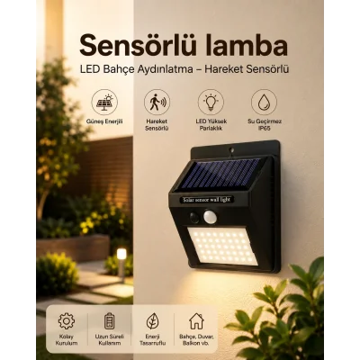 BUĞZ Sensörlü, Güneş Enerjili LED Duvar Lambası Bahçe ve Balkon Aydınlatma