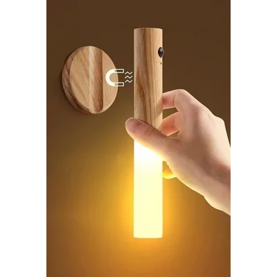 BUĞZ Sensörlü Şarjlı LED Ahşap Görünümlü Kablosuz Duvar Lambası Gün Işığı Aplik