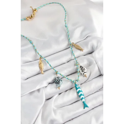 BUĞZ Seramik Motifli Balık Figürlü Model Mavi İp Kadın Kolye - Lisinya