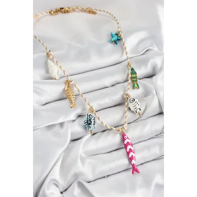 BUĞZ Seramik Motifli Pembe Balık Figürlü Model Krem İp Kadın Kolye - Lisinya