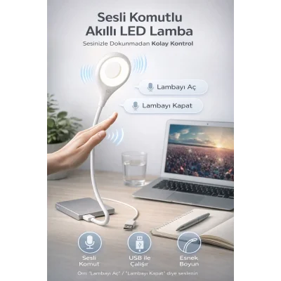 BUĞZ Sesli Komutla Çalışan Akıllı USB LED Lamba Esnek Başlıklı Taşınabilir Masa ve Okuma Işığı