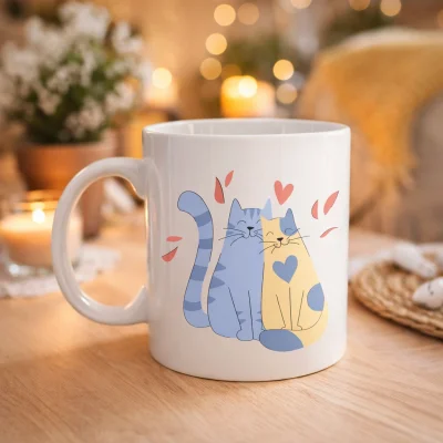 BUĞZ Sevimli Aşık Kediler Desenli Porselen Kupa Model 42 – Love Cats Tasarım Sevgiliye Hediye, Kahve & Çay Kupası