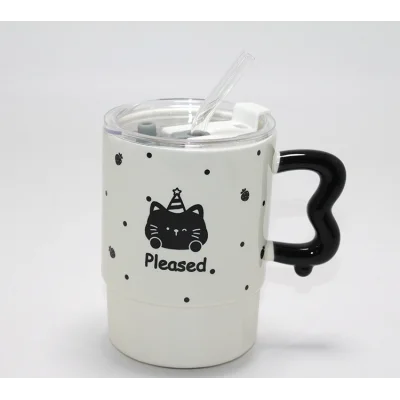 BUĞZ Sevimli Ayı Figürlü Pipetli Kapaklı Porselen Kupa Bardak