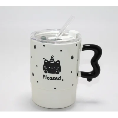 BUĞZ Sevimli Ayı Figürlü Pipetli Kapaklı Porselen Kupa Bardak Alk5041