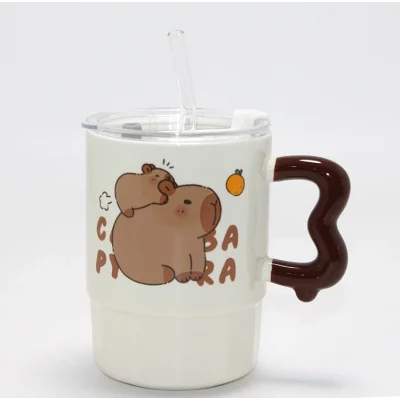 BUĞZ Sevimli Capybara Figürlü Kapaklı Porselen Kupa Bardak