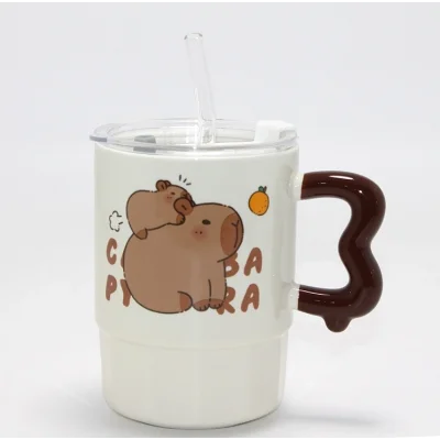 BUĞZ Sevimli Capybara Figürlü Kapaklı Porselen Kupa Bardak Alk5040