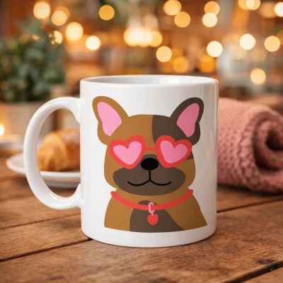BUĞZ Sevimli French Bulldog Desenli Porselen Kupa Model 48 – Kalpli Gözlüklü Köpek Tasarımı, Hediye Kupa, Kahve & Çay Kupası