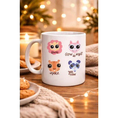 BUĞZ Sevimli Hayvan Figürlü Porselen Kupa MODEL 70 – “Roar • Glow All Night • Make • Yee Haw” Tasarımlı Özel Baskı Kupa