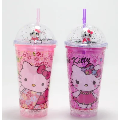 BUĞZ Sevimli Hello Kitty Işıklı Pipetli Boncuklu Suluk & Bardak (400 Ml)