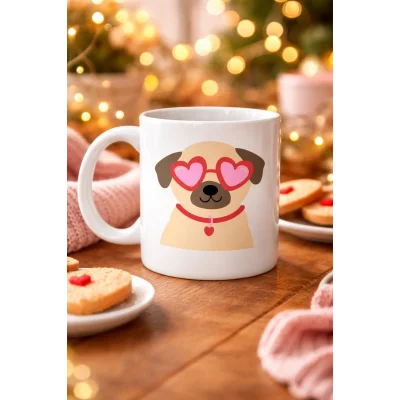 BUĞZ Sevimli Kalpli Gözlüklü Köpek Desenli Porselen Kupa Model 46 – Aşk Dolu Tasarım Hediyelik Kahve Kupası