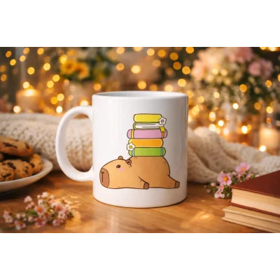 BUĞZ Sevimli Kapibara Kitaplı Kupa MODEL 101 – Kahve & Çay Kupası Kitap Severlere Özel Tatlı Tasarım Porselen Kupa