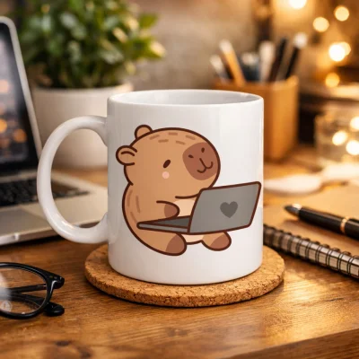 BUĞZ Sevimli Kapibara Laptop Tasarımlı Porselen Kupa MODEL 103 – Ofis & Ev İçin Sıcak Kahve Kupası Hediye Fikirleri