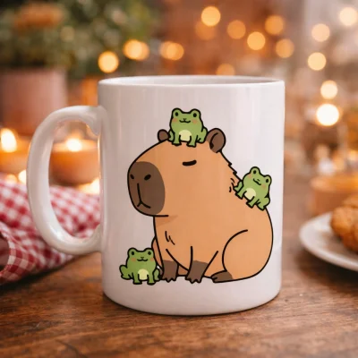 BUĞZ Sevimli Kapibara ve Kurbağa Desenli Porselen Kupa MODEL 98 – Eğlenceli Tasarım, Kahve & Çay Kupası, Hediye Fikri