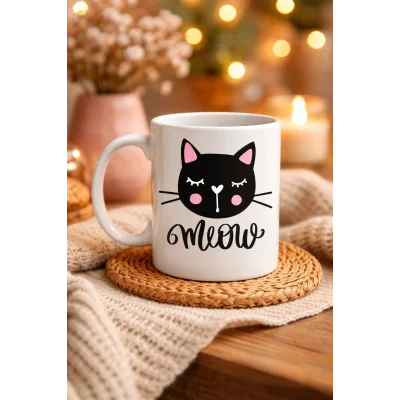 BUĞZ Sevimli Kedi Desenli Porselen Kupa MODEL 63 – “Meow” Yazılı Kahve & Çay Keyfi İçin Tatlı Tasarım