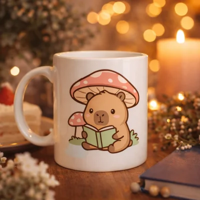 BUĞZ Sevimli Kitap Okuyan Kapibara Desenli Porselen Kupa MODEL 97 – Sıcacık Tasarım, Kahve & Çay Kupası, Hediye Fikri