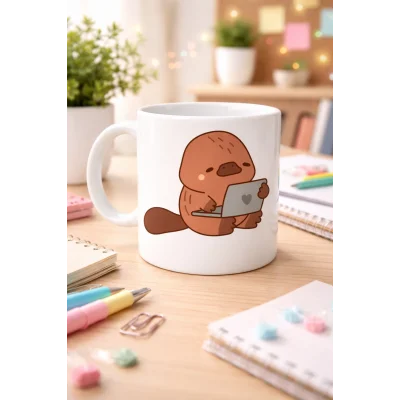 BUĞZ Sevimli Ornitorenk Tasarımlı Porselen Kupa MODEL 116 – Laptoplu Tatlı Hayvan Figürlü Kahve Kupası , Ofis & Ev Kullanımı