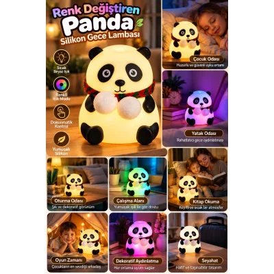 BUĞZ Sevimli Panda Silikon Gece Lambası Renkli Işık Modu Dokunmatik Kontrollü Aydınlatma - BUĞZ