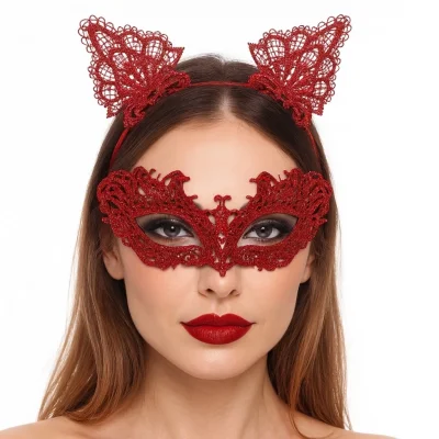 BUĞZ Şık Kırmızı Dantel Maske Ve Taç Seti 5 No – Maskeli Balo  Özel Etkinlikler