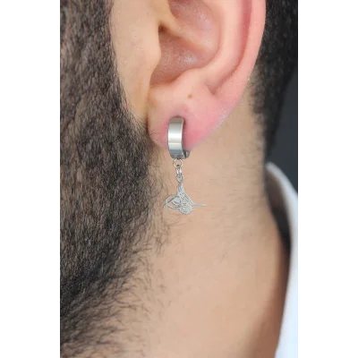 BUĞZ Silver Renk Kaplama Osmanlı Tuğra Figürlü Kıstırmalı Çelik Erkek Küpe - BUĞZ