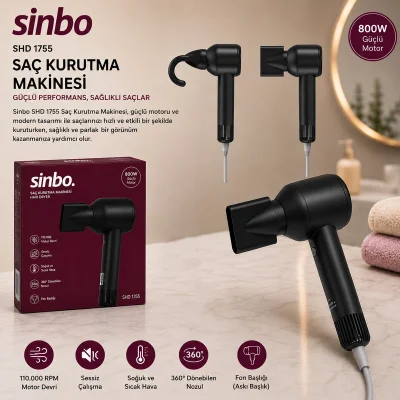 BUĞZ Sinbo Saç Kurutma Makinesi - Siyah Renk - Sessiz Çalışma Özelliği