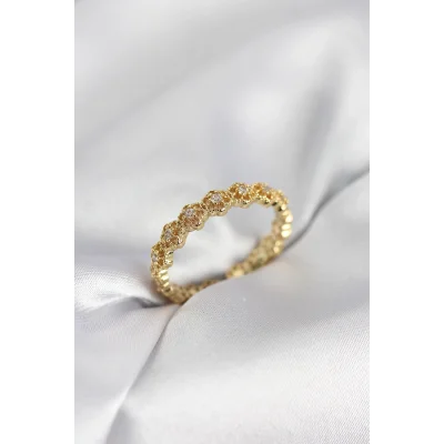 BUĞZ Sıralı Çiçek Model Gold Renk Zirkon Taşlı Kadın Yüzük