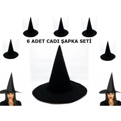  Siyah Cadı Şapkası Keçe Yetişkin Boy 6 Adet